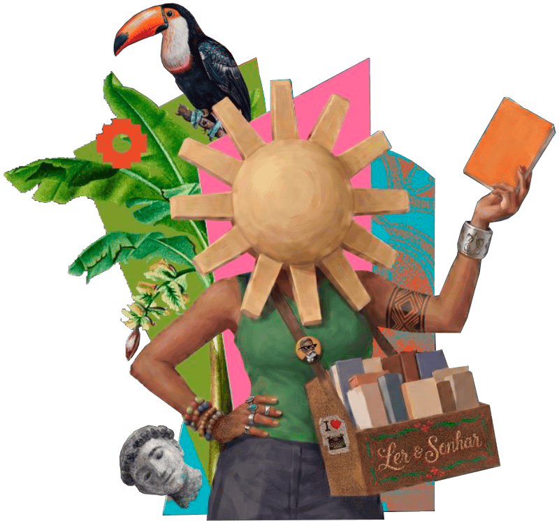 Ilustração da Fliporto: personagem de papel-craft com cabeça em forma de sol, segurando livros e uma bandeira